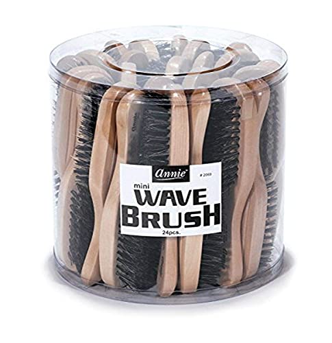 Hard Mini Wave Brush Bulk 24Ct Light Brown 50% Boar Bristle and 50% Firm Nylon Bristles Annie 2069