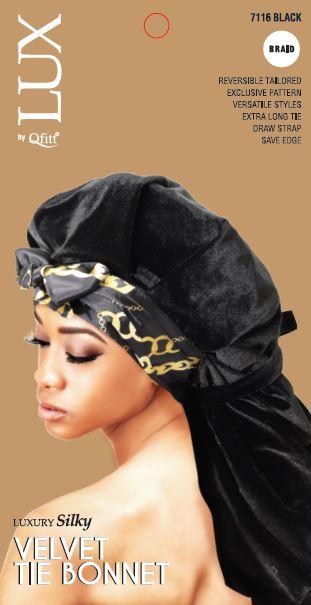 Velvet Tie Bonnet (Braid) (6Pc): Black Qfitt7116