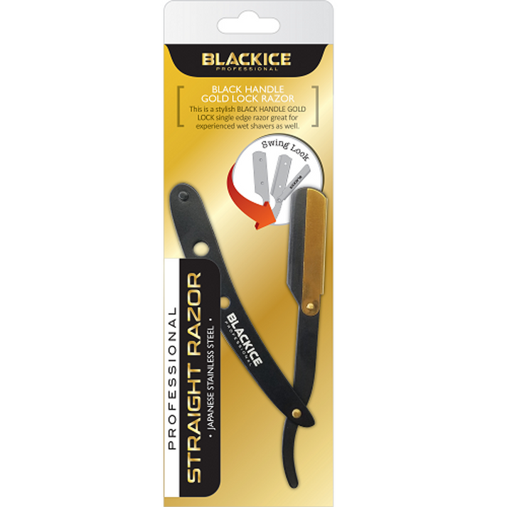 Black Ice Professional Black Handle Gold Lock Straight Razor BIR002BG